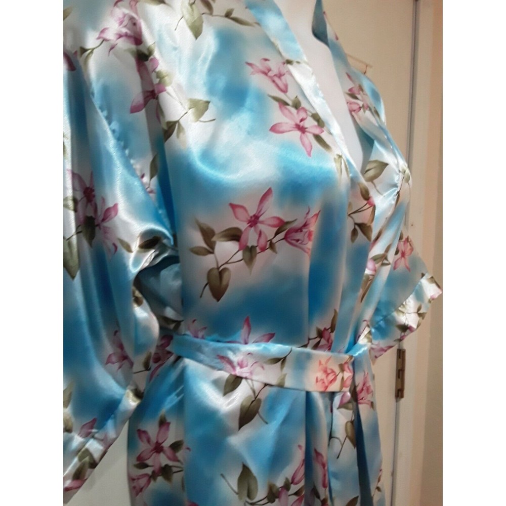 delicates Light Blue Floral Satin Wrap Robe